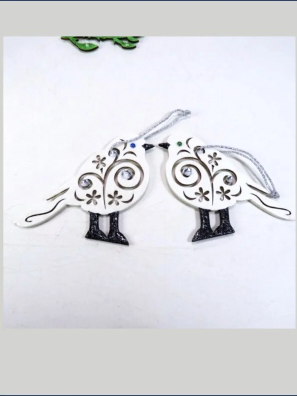 White Wood Winter Ornaments Lot 9 Polar Bear Birds Snowflake Rhinestone